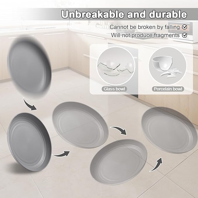 12 Pcs Unbreakable Deep Dinner Plates Set, 9 inch Reusable Plastic Wheat Straw Plates, Microwave and Dishwasher Safe Plate for Kitchen, Lightweight Plate for Dessert, BPA Free, White Gray