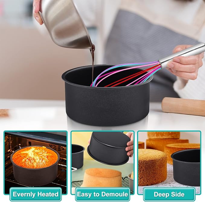 E-far 6 x 3 Inch Cake Pan Set of 3, Deep Stainless Steel Small Round Cake Pans Tin for Baking Birthday Wedding Layer Cakes, Stainless Steel Core & Non-toxic Nonstick Coating, Deep & Straight Side