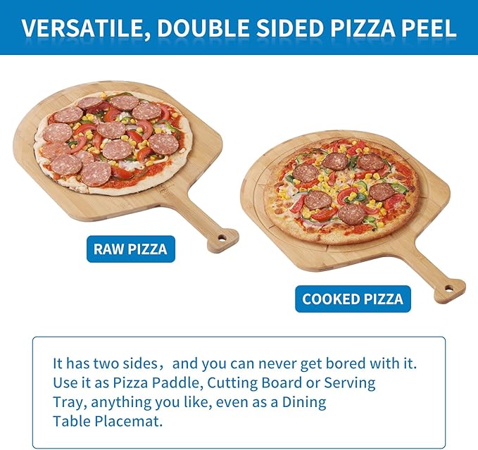 16' Bamboo Pizza Peel - Lightweight Smooth Wooden Paddle and Pizza Cutting Board with 8 Slice Grooves, Outdoor Oven Accessories, 23.6 x 16 Inch