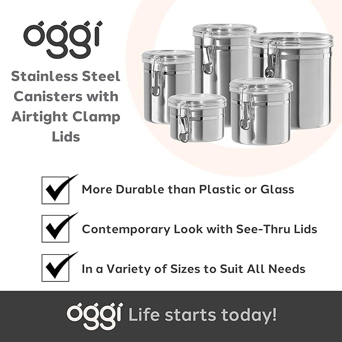 Oggi 36-Ounce Stainless Steel Canister with Clear Acrylic Lid and Locking Clamp