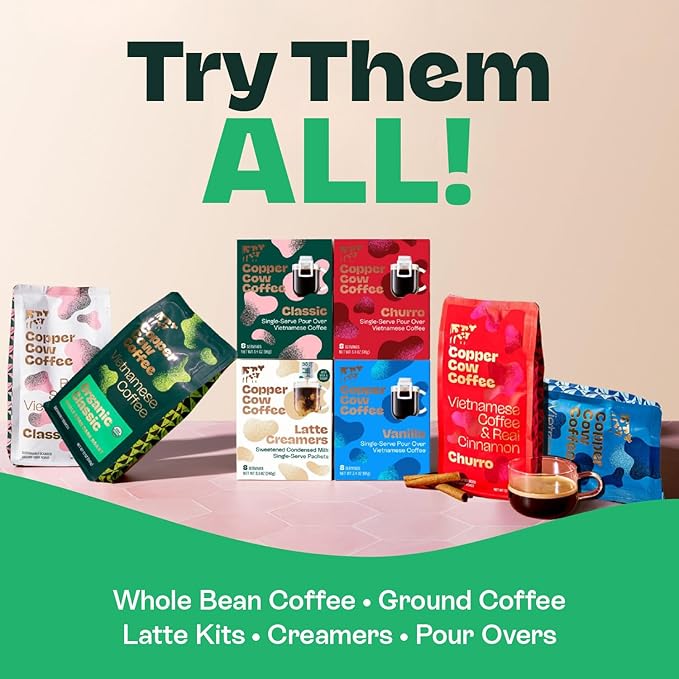Copper Cow Coffee Premium Pour Over Single-Serve Vietnamese Coffee Pouches (8 pack) | Decaf | Dark Roast | Convenient Vietnamese Ground Coffee Packets, Travel Friendly