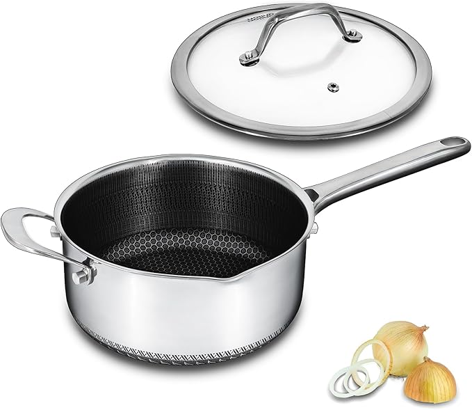 Hybrid Nonstick 4 QT Saucepan with Lid, Stainless Steel Stockpot with Honeycomb Texture,Compatible with All Cooktops,Dishwasher and Oven Safe