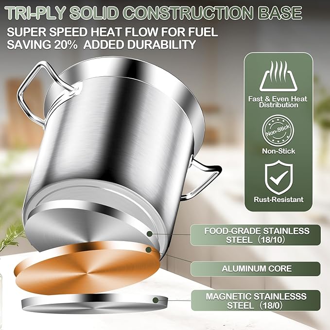 Large Stock Pot -75QT Stainless Steel Stockpot with Lid, Heavy Duty Tri-Ply Bottom Commercial Grade Stock Pot & Stockpots for Boiling Cooking Soup Stew Canning Cookware Sauce Cooking Pots