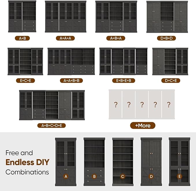 70.8" Tall Bookshelf with Doors, Farmhouse Modular Bookcase with 4-Tier Adjustable Shelves, Large Storage Cabinet for Home Office, Living Room, Black, Set of 3