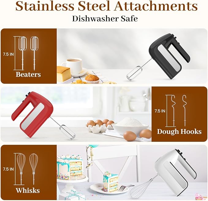 5-Speed Electric Hand Mixer, 800W Handheld Mixer with Turbo for Baking & Cooking, Kitchen Food Mixer with Storage Case & 5 Stainless Steel Attachments (2 Beaters, 2 Dough Hooks, 2 Whisks)-White