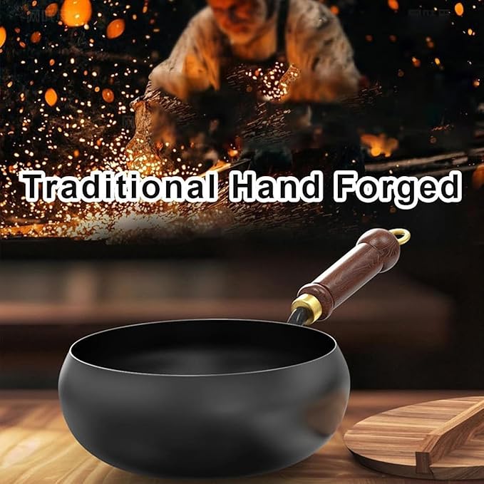 Jinswhdre Cast Iron Skillet, 9.5/11in Jinswhdre Japanese Irons Pan, Hand Forged Uncoated Iron Pan with Lid Spatula, Non-stick Wok for Cooker Gas Stir Fry Pans Durable and Rust-Free (No Lid,9.45in)