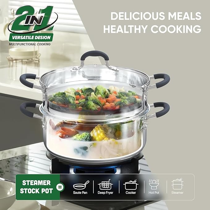 SUNHOUSE - 3.1 Quart Steamer Pots With Lid 2-Tier Multipurpose Stainless Steel Steaming Pot Cookware With Handle For Vegetable, Dumpling, Sauce, Food - Triple Bottom, Measurement Line
