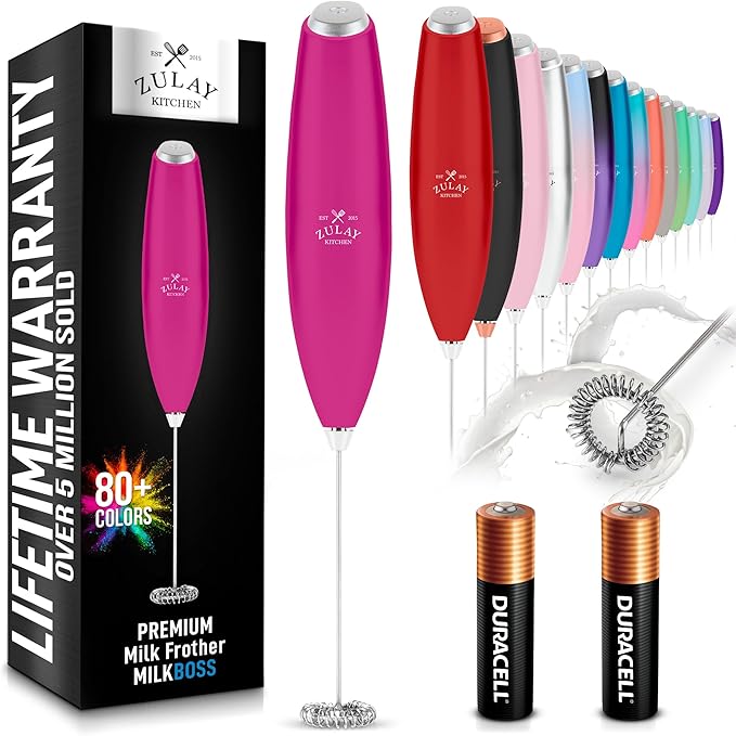 Zulay Kitchen Milk Frother Wand Drink Mixer with AA Duracell Batteries- Durable Handheld Milk Frother Electric Whisk - Easy-Clean Milk Frother Wand & Blender - Electric Coffee Frother - Dragonfruit