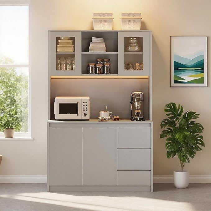 Garvee Kitchen Pantry Cabinet,71 in Tall Storage Cabinet with Doors&Shelves Adjustable, Kitchen Storage Hutch with Microwave Shelf, Led Lights&Charging Station,Corner Pantry Cabinet