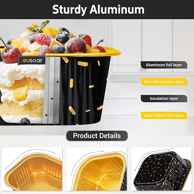 EUSOAR Cake Pans with Lids, 50pcs 10oz/300ml Square Cupcake Liners Disposable Ramekins, Aluminum Foil Containers Muffin Cups for Baking Mini Cake Loaf Bread Holders for Birthday Wedding Party Favor