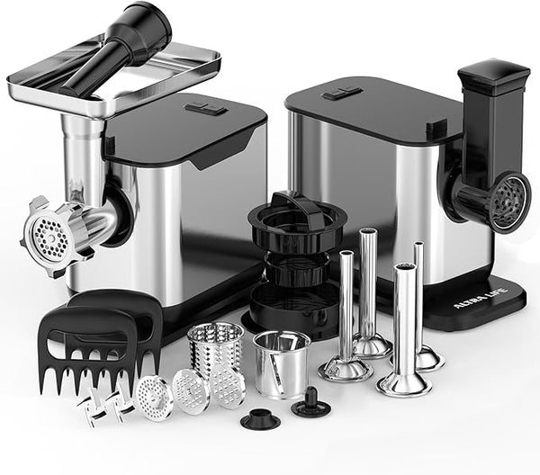 #8 Meat Grinder, 3200W Max Electric Heavy Duty Sausage Stuff, Rotary Cheese Grater with 3 Interchangeable Blades, 2 Blades, 3 Plates, 4 Sausage Tubes, Kibbe, Burger Press & Meat Claws
