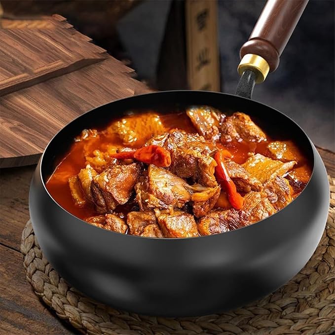 Jinswhdre Cast Iron Skillet, 9.5/11in Jinswhdre Japanese Irons Pan, Hand Forged Uncoated Iron Pan with Lid Spatula, Non-stick Wok for Cooker Gas Stir Fry Pans Durable and Rust-Free (Wooden Lid,11in)