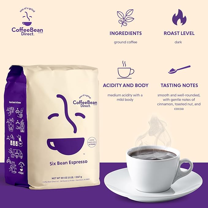 Coffee Bean Direct Six Bean Espresso, Ground Coffee, Dark Roast, 5 Pound Bag (Pack of 1)