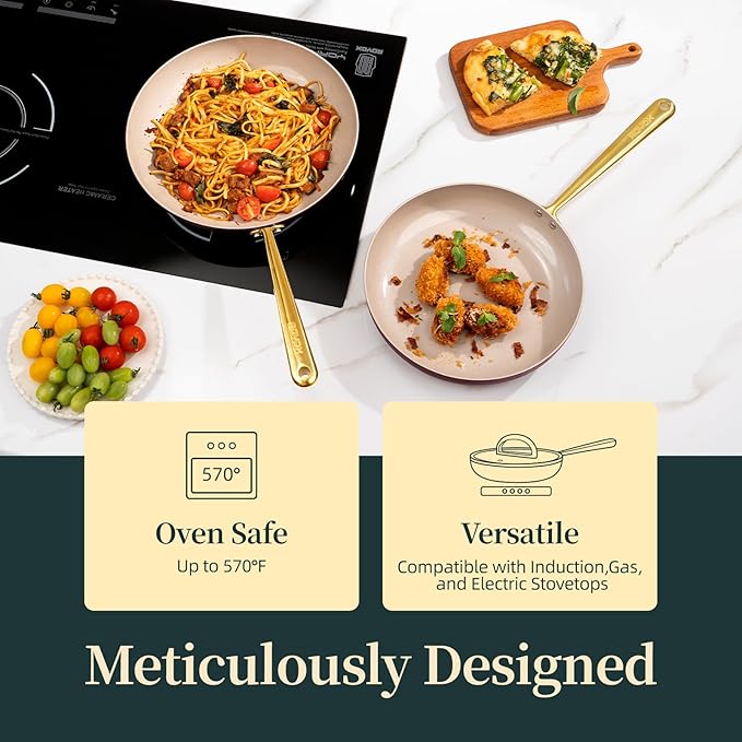 ROYDX Titanium Ceramic Nonstick Fry Pan Set 8", 10" and 12" Frying Pan Skillet Set with Glass Lids-Non Toxic, PTFE & PFOA Free - Oven Dishwasher Safe & Compatible with All Stovetops-Pine Green