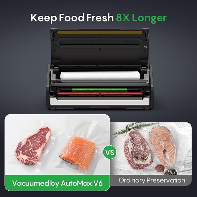 FRESKO Food Vacuum Sealer with Automatic Bag Detection, Double Heat Seal, Built-in Bag Roll Storage & Cutter, 2 Rolls Bags, Starter Kit