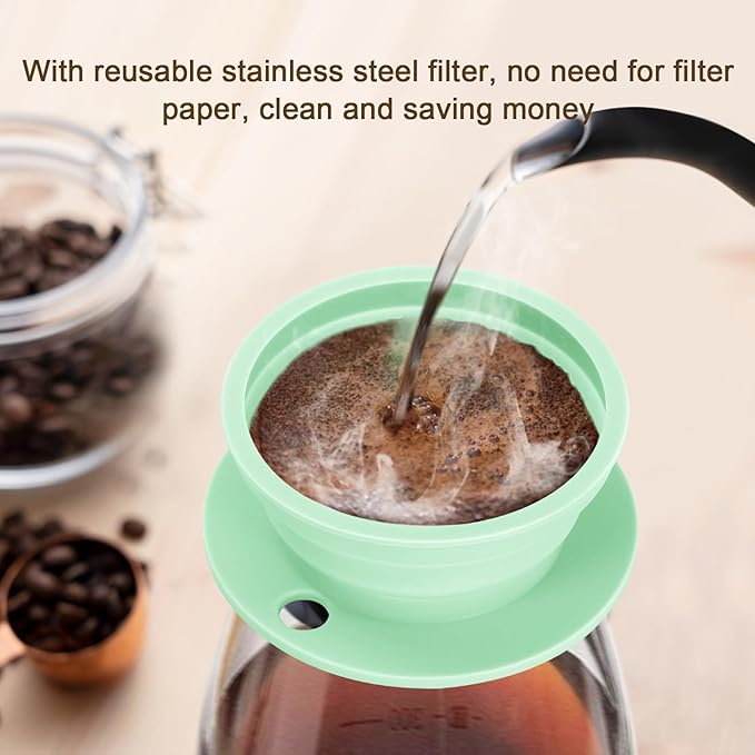 Collapsible Travel Pour Over Coffee Maker Camping, Paperless Silicone Collapsible Pour Over Coffee Dripper with Metal Coffee Filter, Portable Coffee Strainer Pour Over Cup Single Serve (Green)