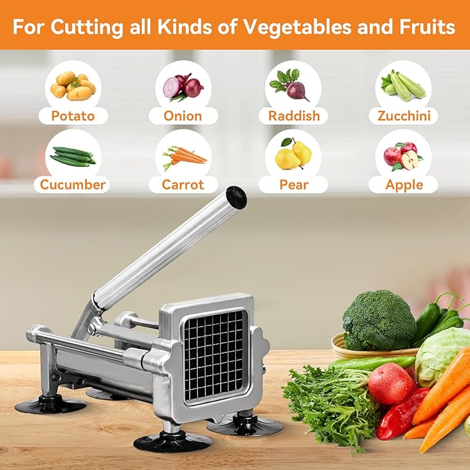 Commercial French Fry Cutter Stainless Steel.Potato Cutter for French Fries with 1/2 and 3/8Inch Blade, Commercial French Fry Cutter Manual Potatoes Cutting Machine with Suction Feet.