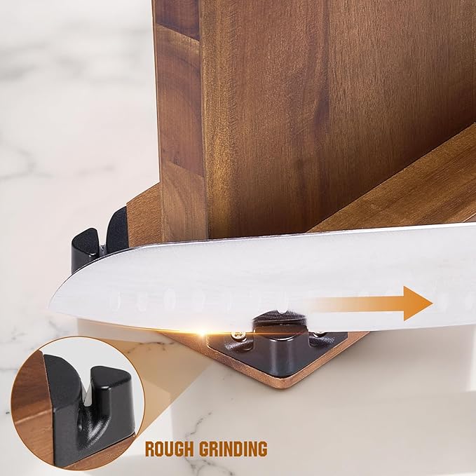 ENOKING 15.2" Extra Large Magnetic Knife Block with Dual Sharpeners, Acacia Wood Knife Holder & Display Stand with Strong Magnets