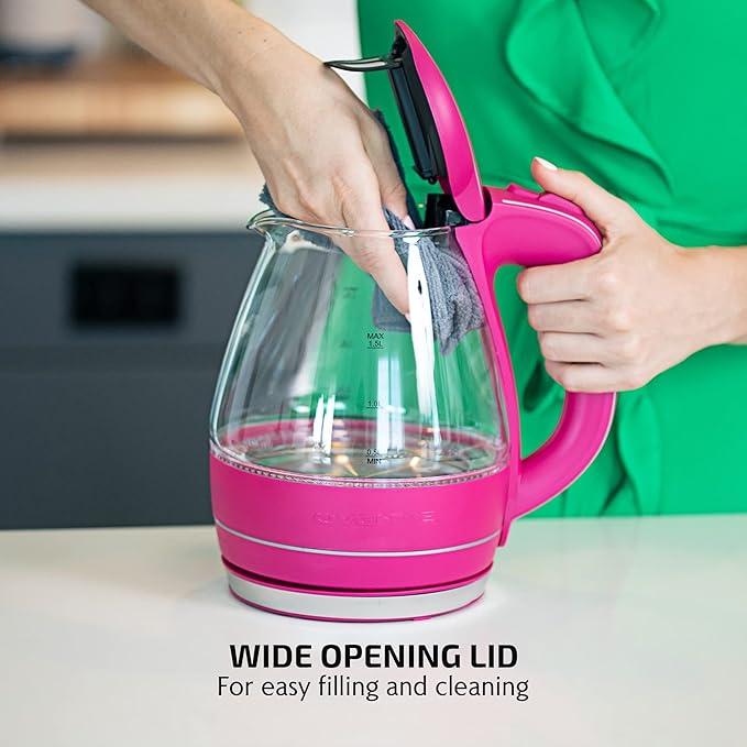 OVENTE Electric Kettle, 1.5L Borosilicate Glass Countertop Water Heater and Boiler for Coffee or Tea, BPA-Free, Auto Shut-Off, Boil-Dry Protection, Removable and Washable Spout Filter, Pink KG83F