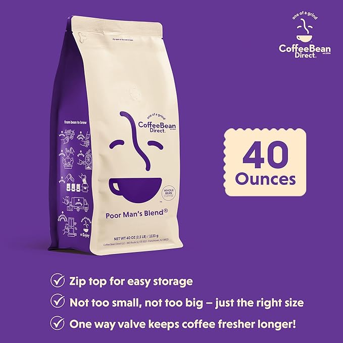 Coffee Bean Direct Poor Man's Blend®, Whole Bean Coffee, Medium Roast, 2.5 Pound Bag (Pack of 1)