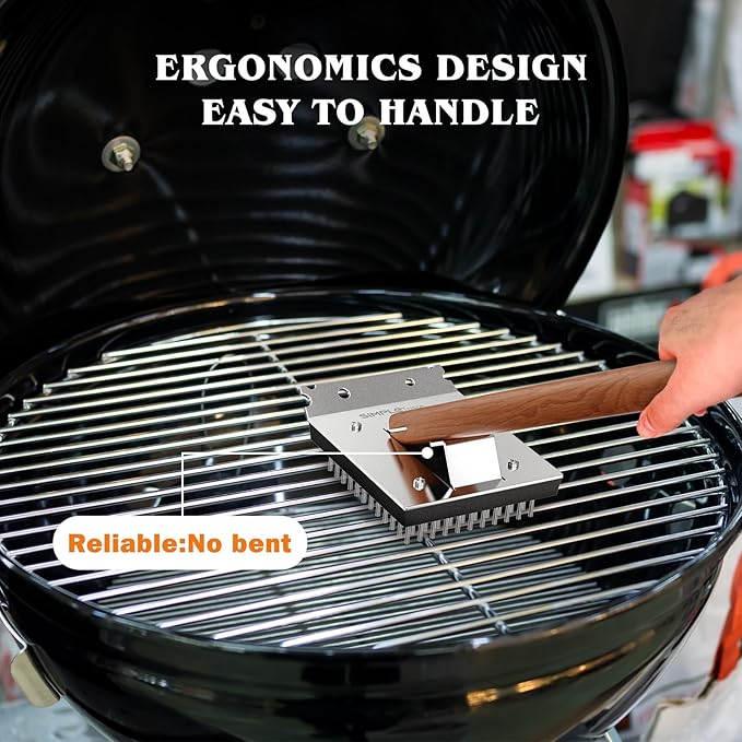 SIMPLETASTE Grill Brush and Scraper, Cherry Wooden Handle Wire Grill Brush for Grill Grate Cleaner Plus Stainless Steel Bristles Head for Replacement, Durable & Effective BBQ Tool [Upgraded]