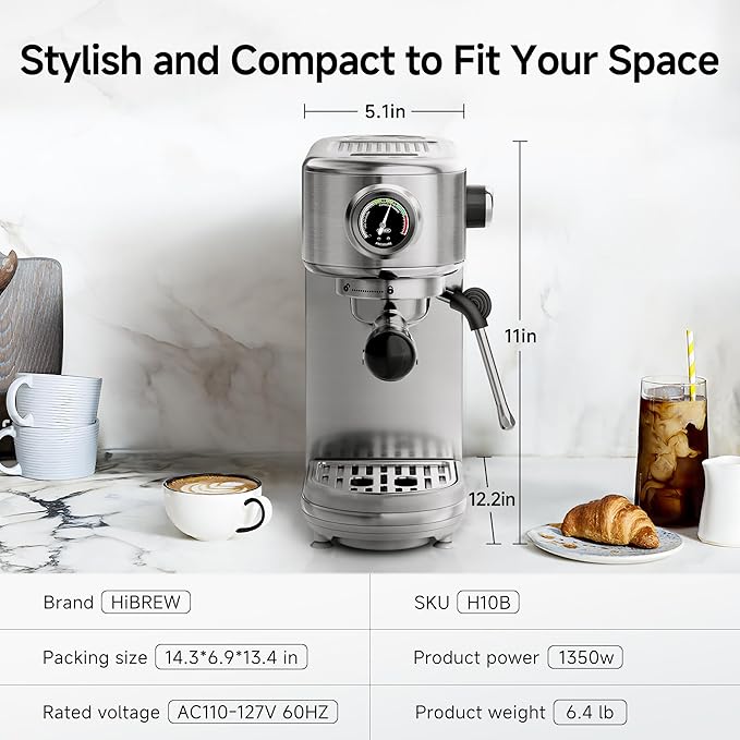 HIBREW H10B - 51mm Espresso Machine - Temperature & Cup Volume Adjustable at will - With Intelligent Display Screen & Pressure Gauge - Stainless Steel Body(Metallic Silver)