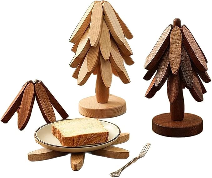 Natural Wood Tree Trivet Set, 𝐍atural Tree Trivet Set - 4 Wooden Trivets,4 Wooden 𝐓rivets & 1 Stand Like a Christmas Trees,for Hot Dish,Pot,Bowl,Teapot,Hot Pot Sets (Walnut Finish 3 Trivets,1set)