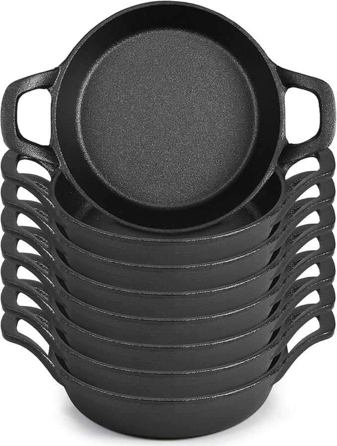 Mini Cast Iron Skillets 6.3 x 6.3 x 1.5 Inch Cast Iron Pan Small Ramekin Set Black Casserole Dish Cookware Oven Safe Mini Skillets for Kitchen Indoor Outdoor Picnic (8 Pack)