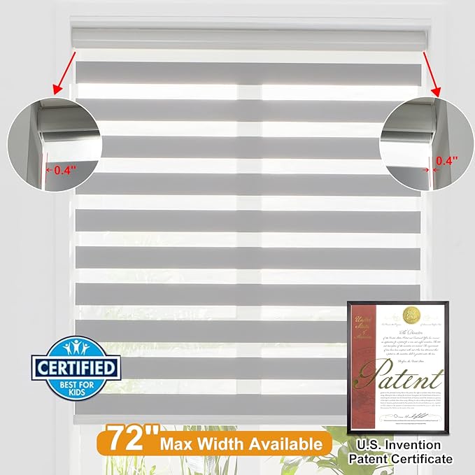 Persilux Cordless Zebra Shades (27" W X 64" H, Grey) Free-Stop Window Shades Dual Layer Light Control for Day and Night, Light Filtering Sheer Blinds for Windows, Easy to Install