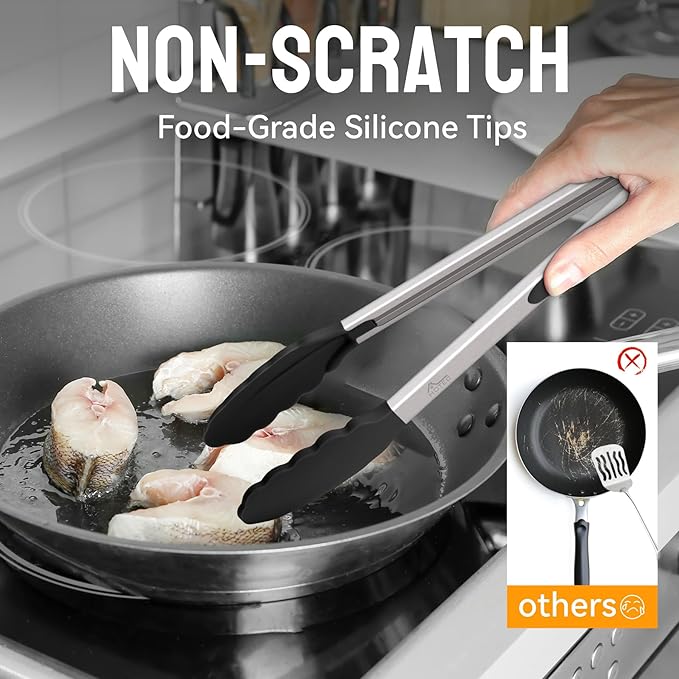 HOTEC Premium Stainless Steel Locking Kitchen Tongs with Silicon Tips, Set of 3-7", 9" and 12" (Black,Grey,Khaki)