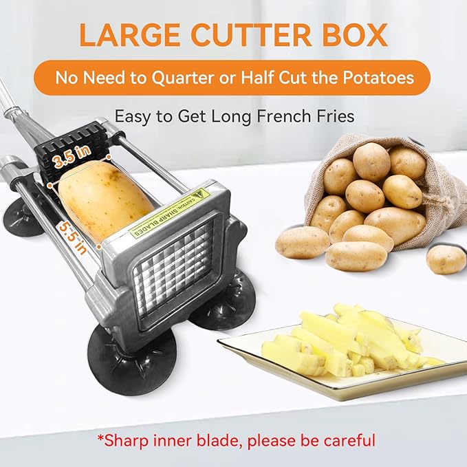 Commercial French Fry Cutter Stainless Steel.Potato Cutter for French Fries with 1/4 and 3/8Inch Blade, Commercial French Fry Cutter Manual Potatoes Cutting Machine with Suction Feet.