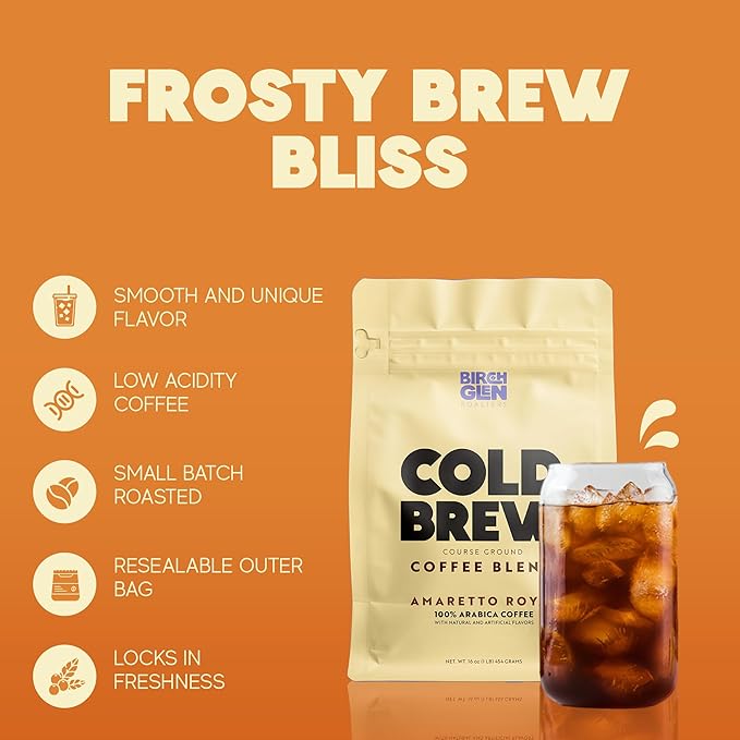 1 lb Medium Roast Cold Brew Coffee, Coarse Ground Coffee, by Birch Glen Roasters, 16 oz Resealable Bag, 100% Arabica