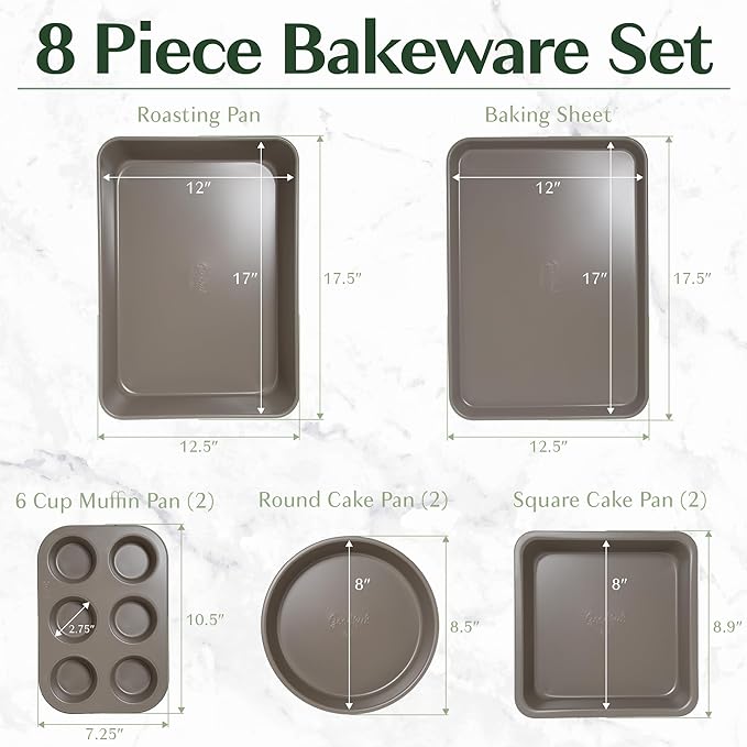 Goodful All-In-One Nonstick Bakeware Set, Stackable and Space Saving Design includes Round and Square Pans, Muffin Pans, Cookie Sheet and Roaster, Dishwasher Safe, 8-Piece, Blue Mist