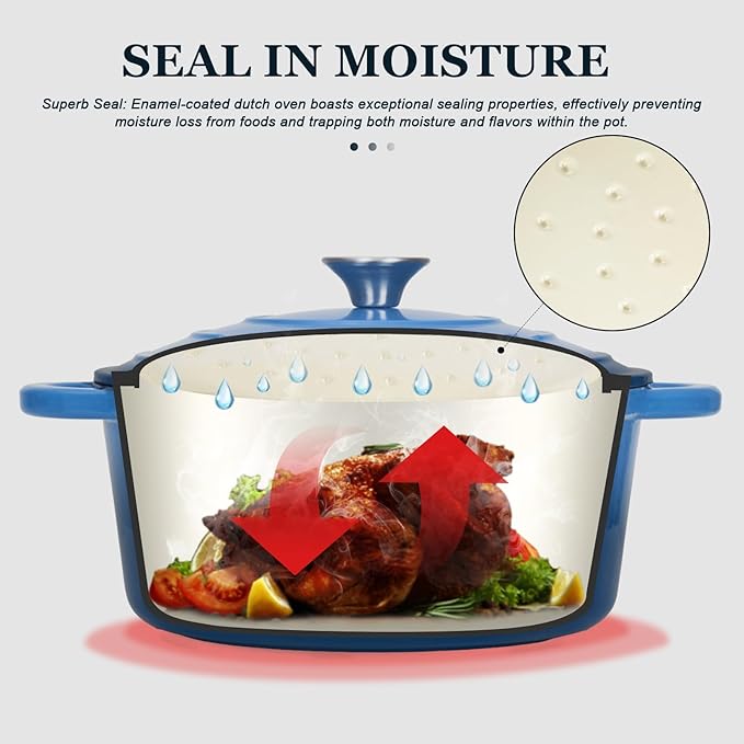Overmont Enameled Cast Iron Dutch Oven - 7QT Pot with Lid Cookbook & Cotton Potholders - Heavy-Duty Cookware for Braising, Stews, Roasting, Bread Baking blue