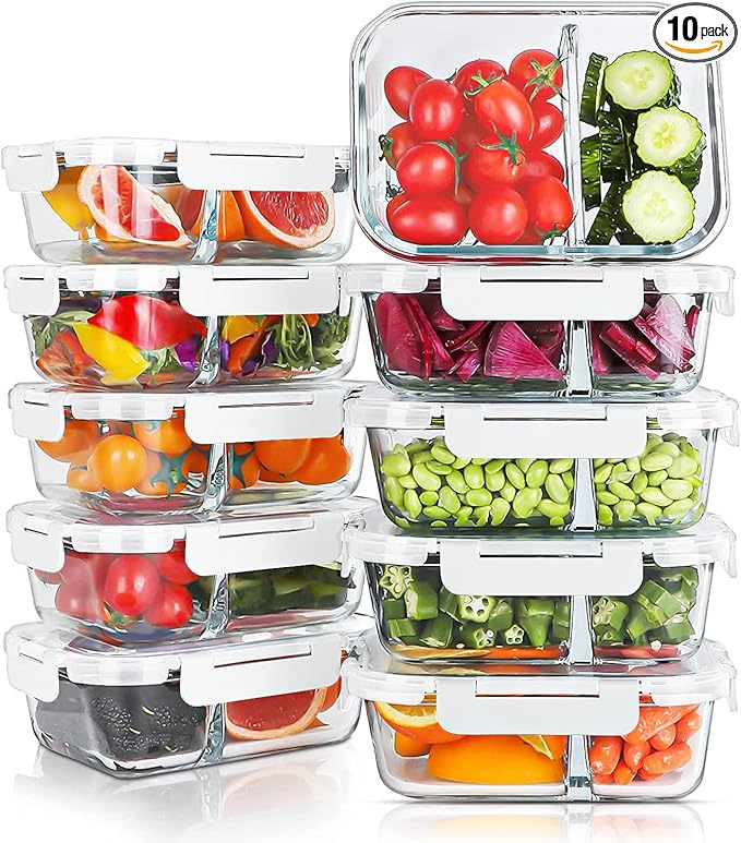KOMUEE 10 Packs 30oz Glass Meal Prep Containers 2 Compartments,Glass Food Storage Containers with Lids,Airtight Lunch Bento Boxes,Oven,Freezer and Dishwasher Safe, White