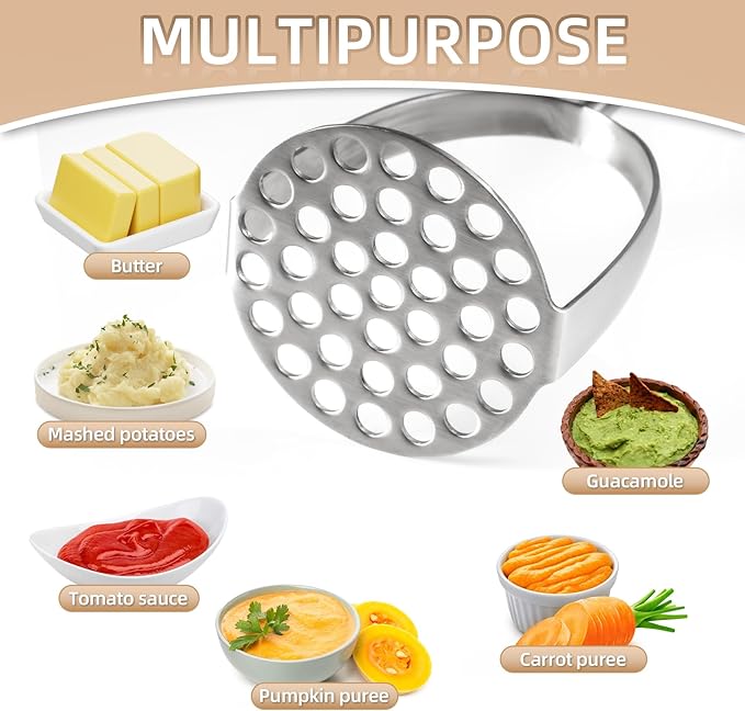 Potato Masher Stainless Steel, Manual Mashed Potato Masher,Wooden handle Potatoes Smasher Kitchen Tool for Avocado,Potatoes, Vegetables, 13.5Inch Long handle Large Heavy Duty Metal Mashing Utensil
