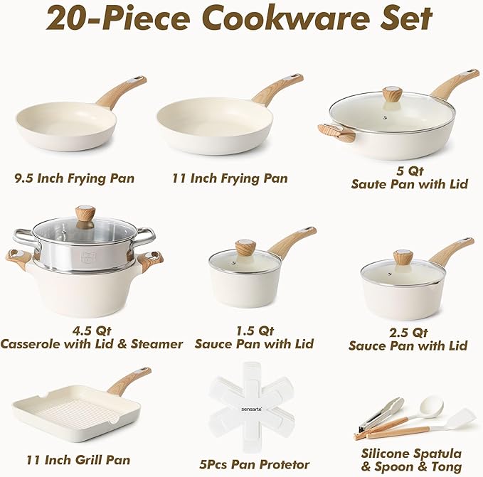 SENSARTE Ceramic Cookware Sets, Pots and Pans Set Nonstick, 20-Piece Induction Cookware, Non-toxic Healthy Non Stick Kitchen Cooking Set with Stay-Cool Handles, PFAS PTFE PFOA PFOS Free
