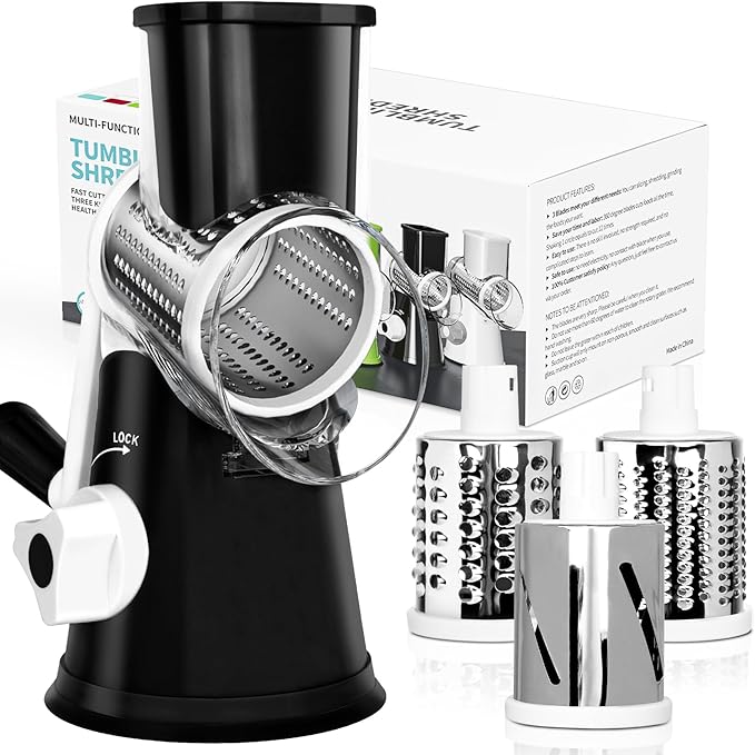 X Home Rotary Cheese Grater for Kitchen, Shredder with 3 Interchangeable Blades, Rotary Grater with Handle and Strong Suction Base, for Vegetables, Fruit, Nuts, Easy to Use and Clean, Black