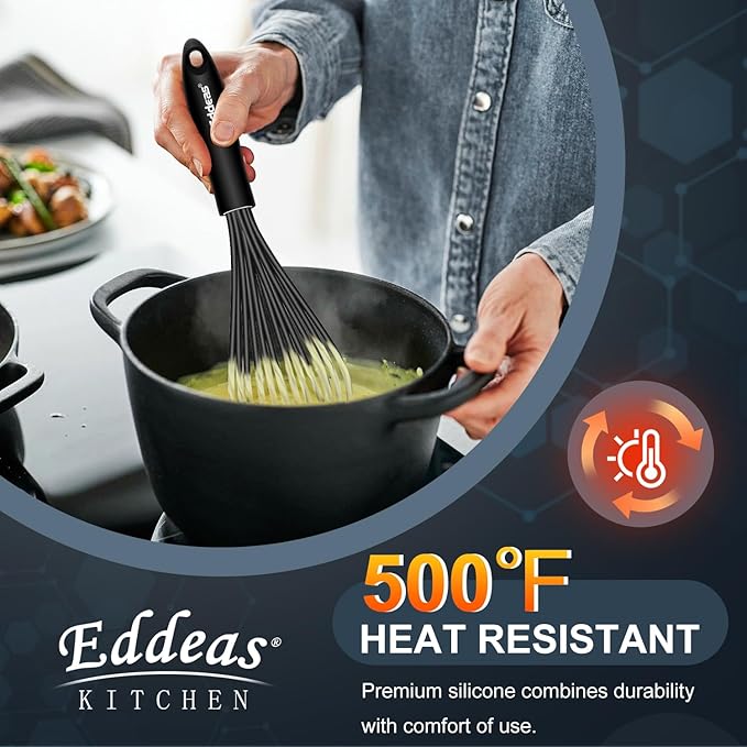Silicone Whisk - Non Scratch Whisks for Cooking, 500°F Heat Resistant Siliocne Wisk tool, Heavy Duty Kitchen Whisks, for Blending, Beating, set of 4 (5+7+9+11 inch) Black