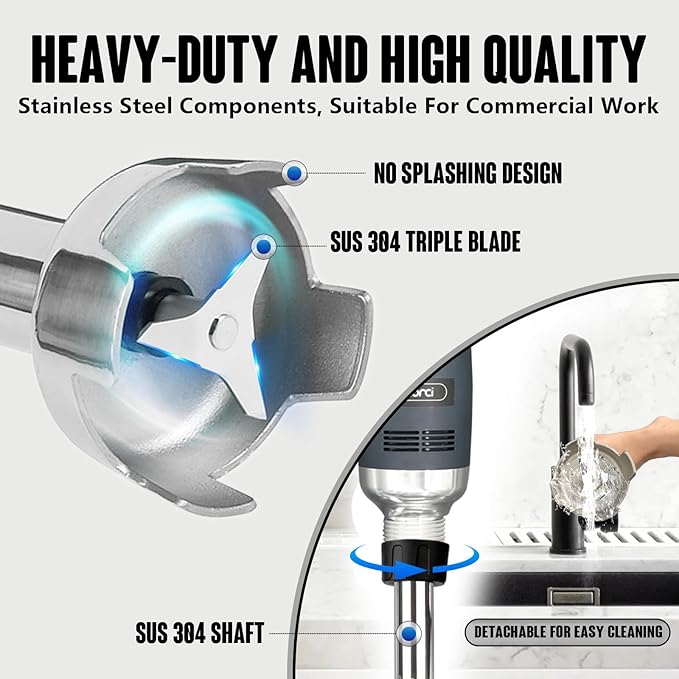 VONCI 500W Commercial Immersion Blender Handheld, 20" 304 Removable Shaft, Heavy Duty Stick Blender with Variable Speed 6000-20000RPM, Long Hand Mixer for Professional Kitchen Use.