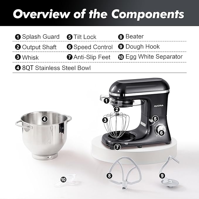 Aucma Stand Mixer, 900W 8QT Large Kitchen Mixer, Kitchen Electric Mixers with Dough Hook, Wire Whip & Beater (Black, 8QT)