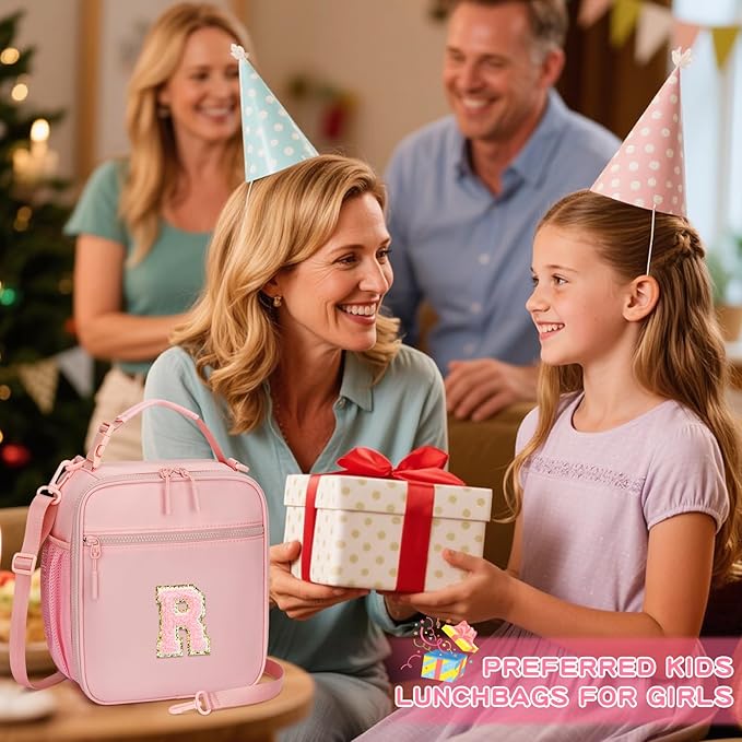 Initial Insulated Lunch Bag for Girls Kids, Back to School Gift, Reusable Leak-proof Lunch Box with Adjustable Strap for School Daycare Travel Picnic (Pink,R)