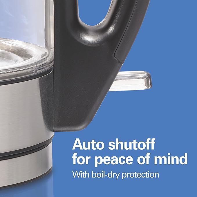 Hamilton Beach Glass Electric Tea Kettle, Water Boiler & Heater, 1 Liter, 1500 Watts for Fast Boiling, BPA Free, Cordless Serving, Auto-Shutoff & Boil-Dry Protection, Soft Blue LED (40930)