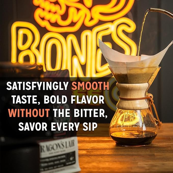 Bones Coffee Company Toffee Almond Crunch, Toffee Almond Flavored Coffee, Medium Roast Low Acid Arabica Beans Compatible with Auto drip and French Press Coffee Maker, 12 Oz Ground
