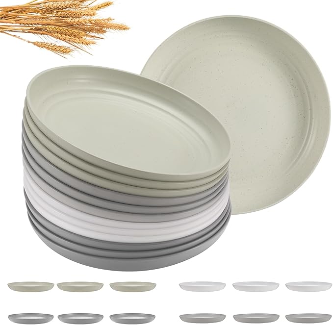 12 Pcs Unbreakable Deep Dessert Plates Set, 8 inch Reusable Plastic Wheat Straw Plates, Microwave and Dishwasher Safe Plate for Kitchen, Lightweight Plate for Dessert, BPA Free, 4 Colors