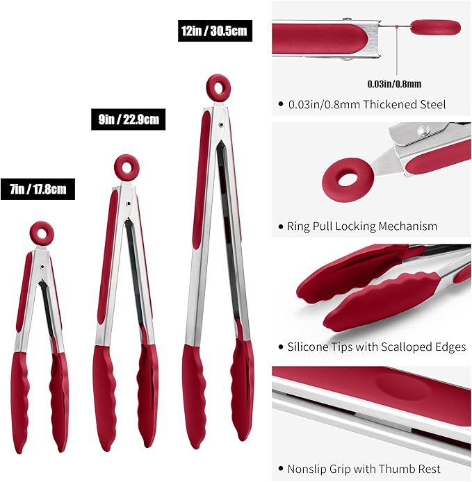 Doosu Kitchen Tongs for Cooking - 600°F Heat Resistant Food Tong Set with Non-Scratch Silicone Tips, Heavy Duty Stainless Steel Locking Tong for BBQ, Grilling Steak, Serving Salad (7+9+12in, Red)