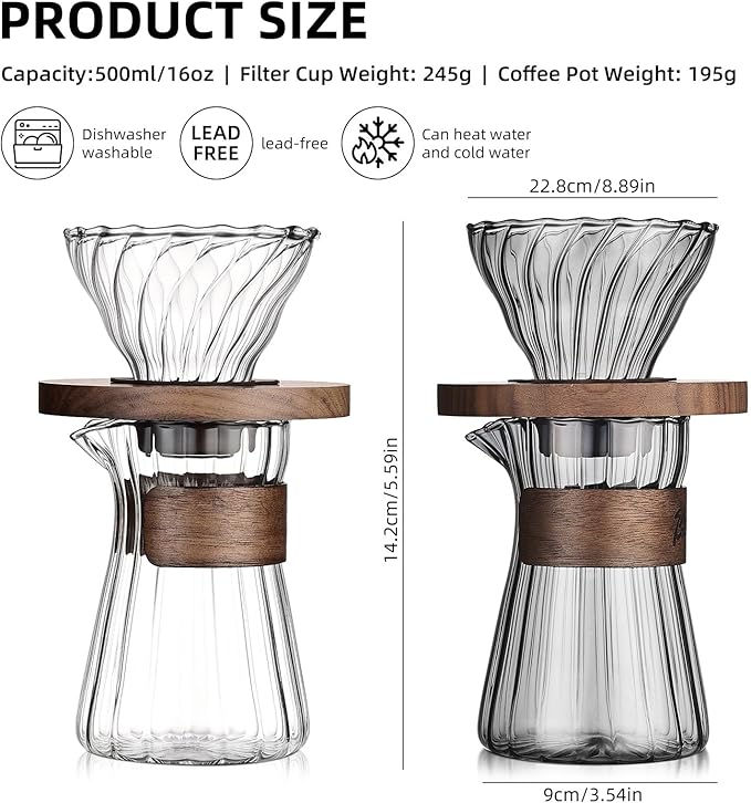 Bincoo Clear Glass Drip Coffee Maker Set - 500ML Glass Coffee Server Coffee Carafe with Walnut Dripper and 50PCS Paper Filter