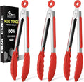 Hotec Mini Silicone Kitchen Tongs for Cooking - 7-Inch Small Serving Tongs with Silicone Tips, Set of 3 (Red)