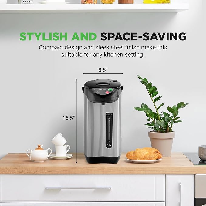 NutriChef 5.2 Qt Electric Water Kettle, Quick Heating, 5 Liter Digital Kettle with 5 Temperature Settings, Safety Lock, Stainless Steel, 3 Dispensing Options, Easy to Clean, 8.46" x 11.2" x 16.5"