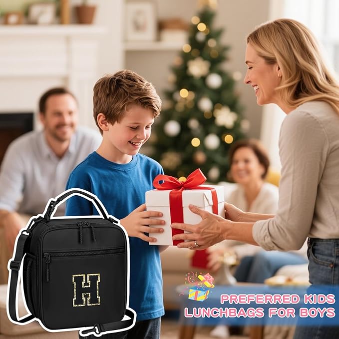 Initial Insulated Lunch Bag for Boys Kids, Back to School Gift, Reusable Leak-proof Lunch Box with Adjustable Strap for School Daycare Travel Picnic（Black，H）